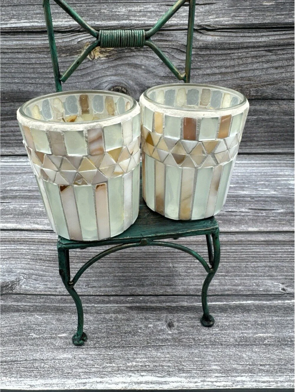 NWT Yankee Mother Of Pearl Votive Candle Holders Set Of 2 Ivory Tan Coastal